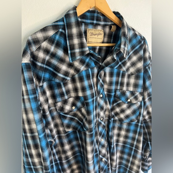 Wrangler Shirt Mens Blue Plaid Pearl Snap Western Button Up Size 3XL - Picture 1 of 11